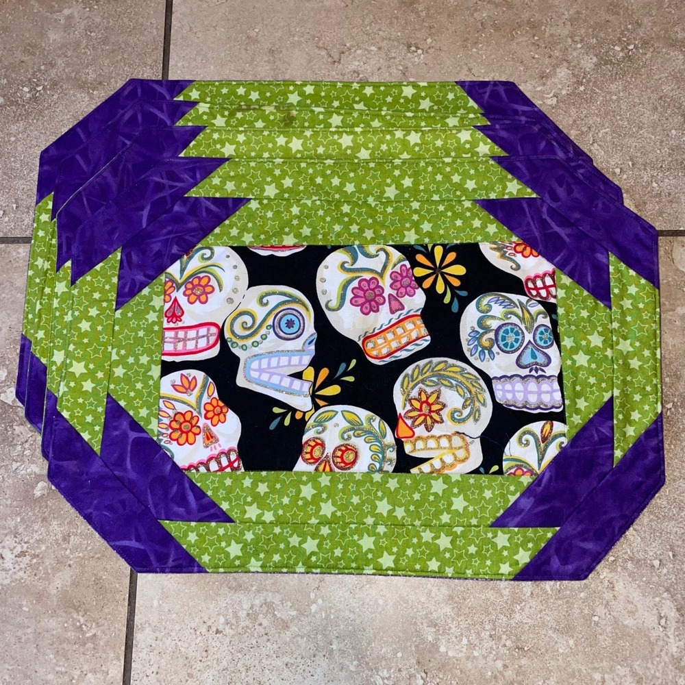 Day of the dead sugar skull handmade quilted placemats set 4 Dia de los muertos
